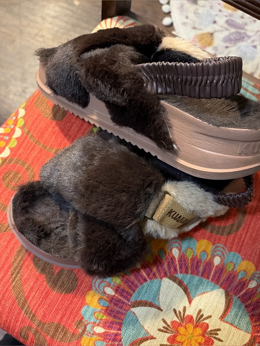Plush Brown Fur Slide Sandals with Elastic Back - Women's Comfortable Slip-On